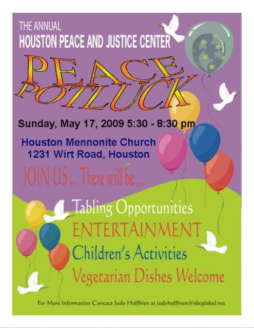 HPJC Potluck Pinic 5:30 p.m. Sunday, May 17, Houston Mennonite Church, 1231 Wirt Rd.